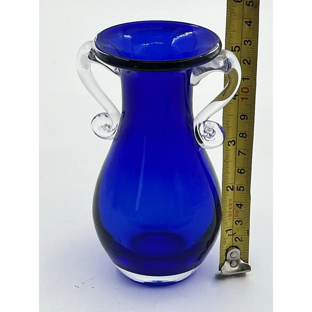 Vintage Cobalt Blue Vase Glass Bouquet With Applied Clear Glass Handles EUC